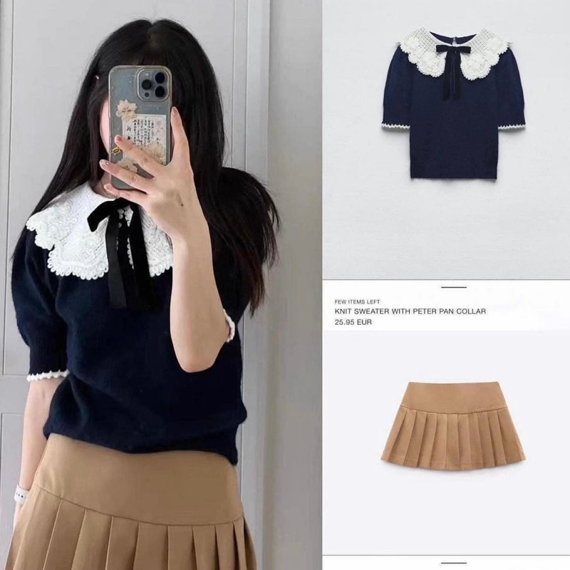 Áo len cộc tay xanh than dệt kim cổ nơ tiểu thư (kèm ảnh thật)