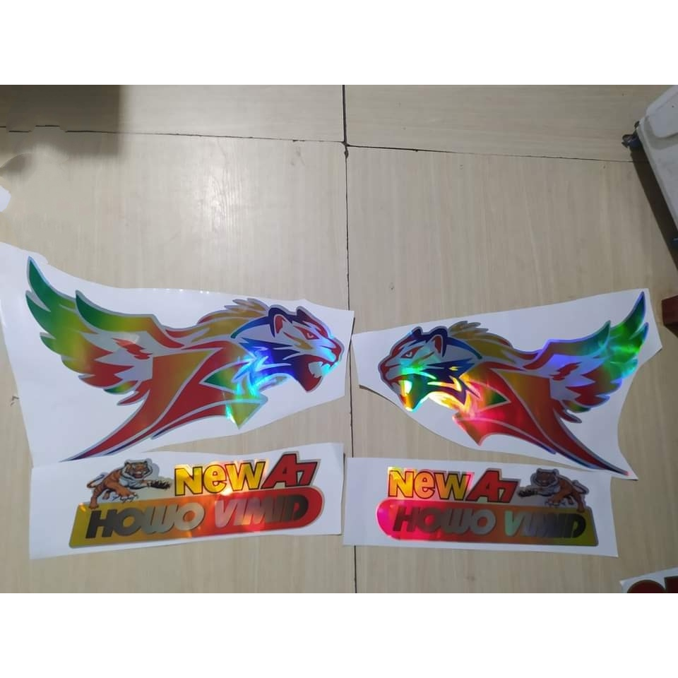 Tem hổ bay phản quang bảy màu lấp lánh trang trí xe Howo A7. Tem dán cánh cửa xe tải. Tem decal hổ bay nhiều màu màu