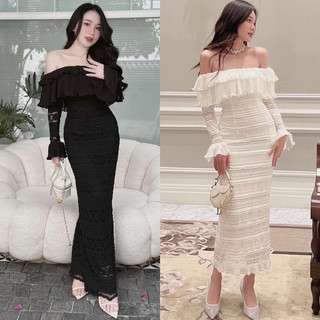 Đầm midi trắng ren trễ vai tay loe