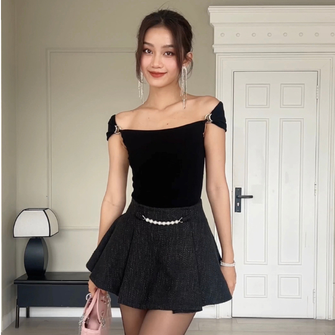 COCO SIN - Váy Mini Tweed Đen Phối Pearl