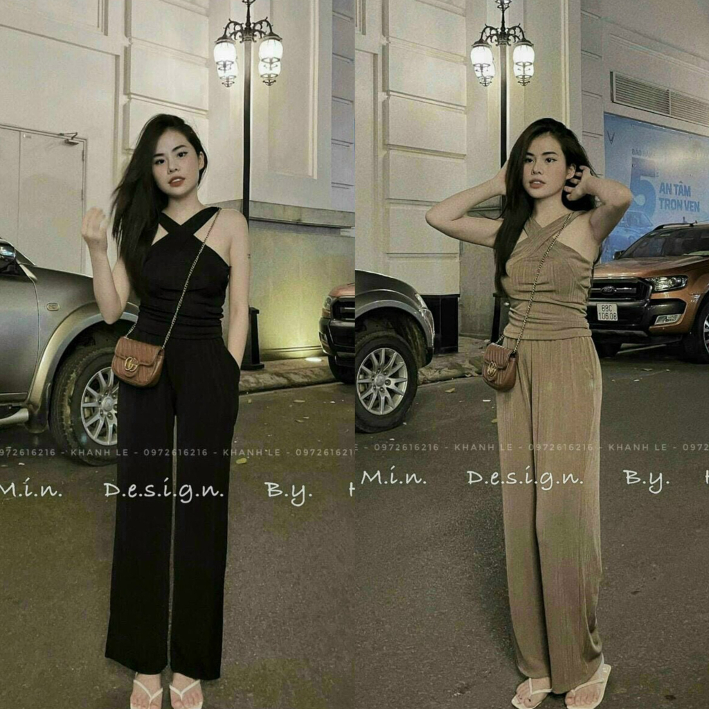 Set bộ thun gân áo dây chéo cổ mix quần ống rộng sexy với 2 tone màu nâu và đen dành cho các chị em đi chơi, đi dạo phố