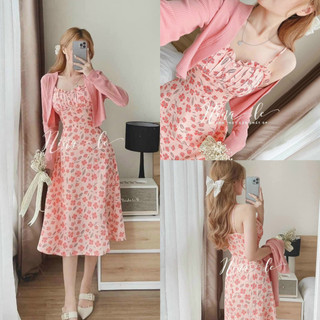 Set váy hoa 2 dây xếp ly ngực bọc nút kèm áo khoác gân siêu xinh xắn cùng tone hồng dễ thương phù hợp đi tiệc, đi biển