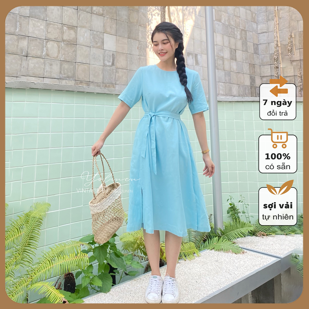 Đầm suông linen dây lưng thắt eo YOLINEN tay ngắn có túi 2 bên hông, màu xanh da trời