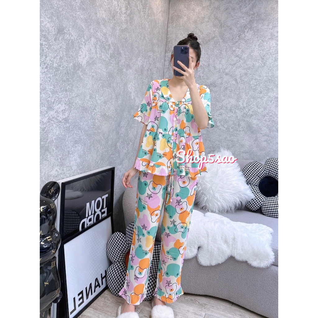 Đồ bộ tole nữ, bộ lanh mặc nhà Pijama babydoll VNXK F21, cổ sen quần dài SHOP5SAO (43-67kg)