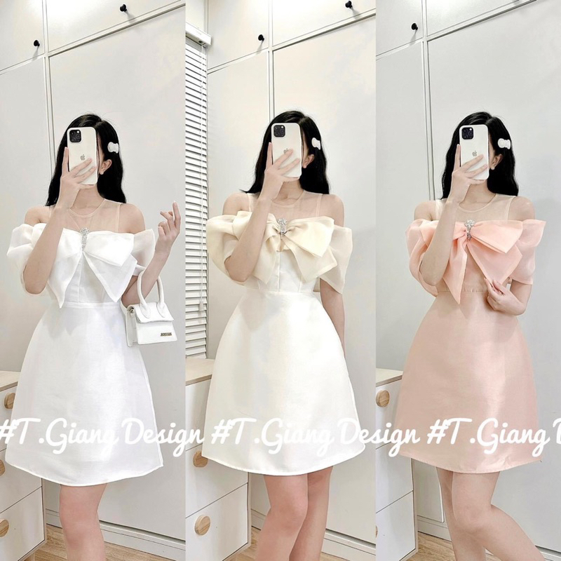 Đầm nơ rớt vai chất tappa phối tơ kèm tag loại 1