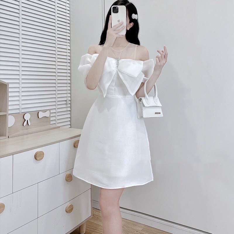 Đầm nơ rớt vai chất tappa phối tơ kèm tag loại 1