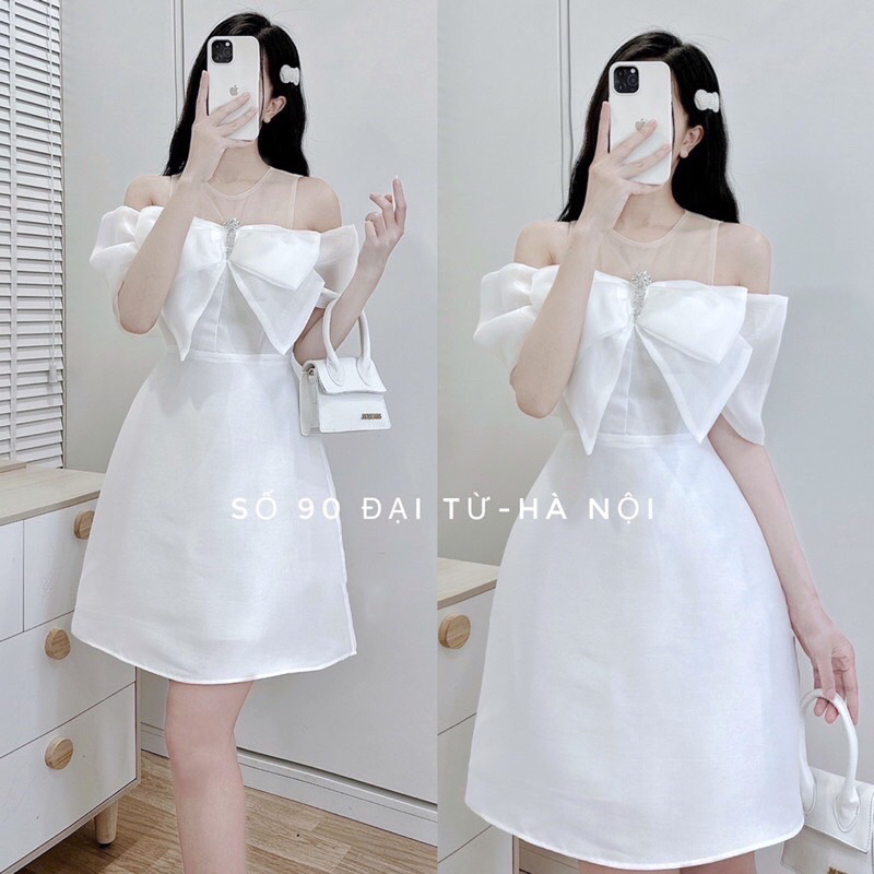 Đầm nơ rớt vai chất tappa phối tơ kèm tag loại 1