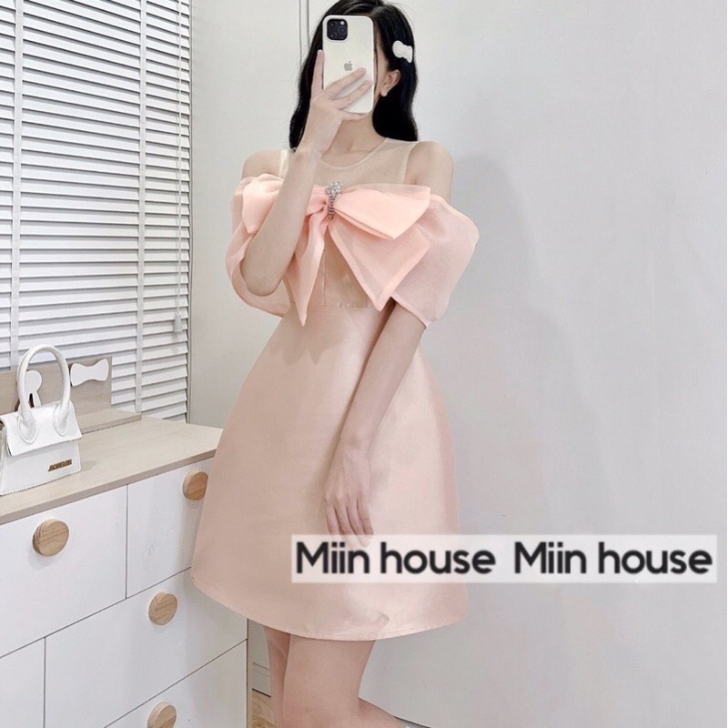 Đầm nơ rớt vai chất tappa phối tơ kèm tag loại 1