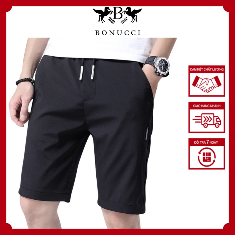 Quần short, quần đùi nam thể thao BONUCCI chất poly thể thao co giãn có dây rút dáng lửng