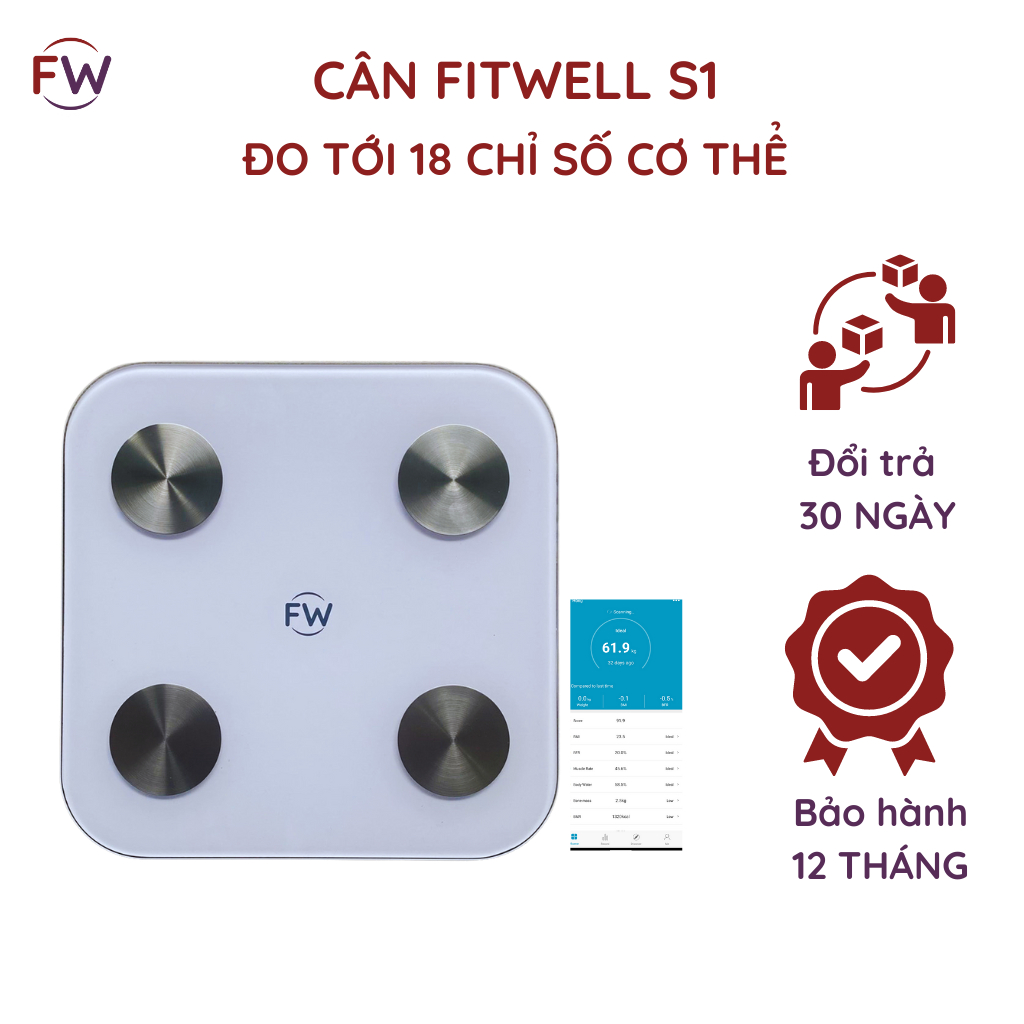Cân sức khoẻ điện tử thông minh Fitwell S1, độ chính xác cao, đo 18 chỉ số, theo dõi cân nặng, BMI, Mỡ...