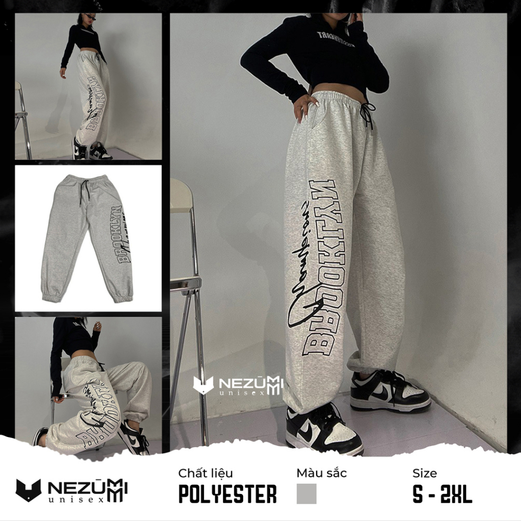 Quần jogger xám đen ống rộng in chữ 1 bên hiphop sexy dance Hàn Quốc