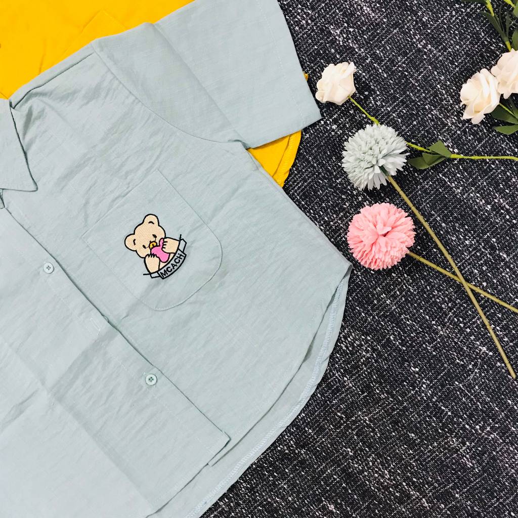 Áo Sơ Mi Nữ 1 Túi Thêu Gấu , Áo Tay Ngắn Phong Cách Croptop " nhắn tin shop lựa màu nha chị"