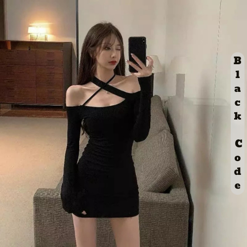 Đầm Body Bẹt Vai Tay Dài Phối Dây Chéo Cổ Dáng Ôm Ngắn BLACKCODE