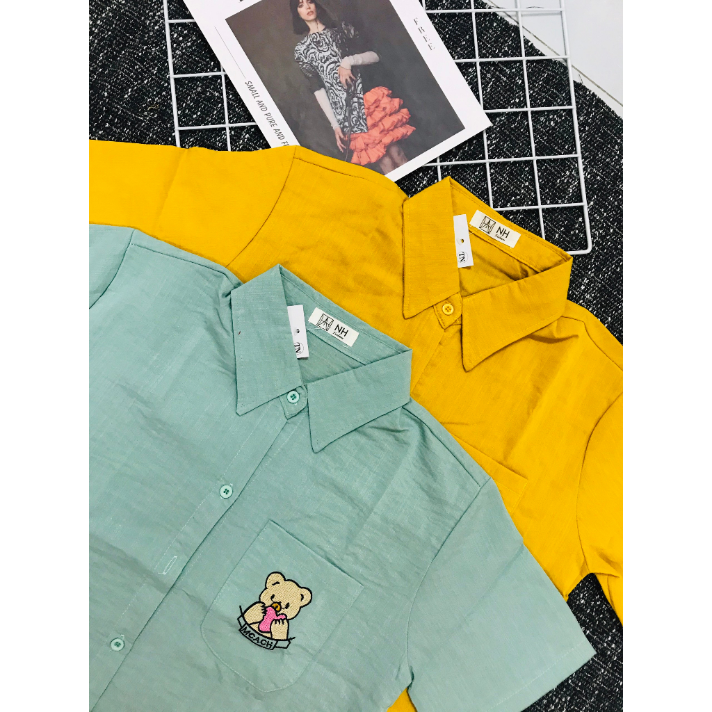 Áo Sơ Mi Nữ 1 Túi Thêu Gấu , Áo Tay Ngắn Phong Cách Croptop " nhắn tin shop lựa màu nha chị"
