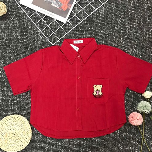Áo Sơ Mi Nữ 1 Túi Thêu Gấu , Áo Tay Ngắn Phong Cách Croptop " nhắn tin shop lựa màu nha chị"