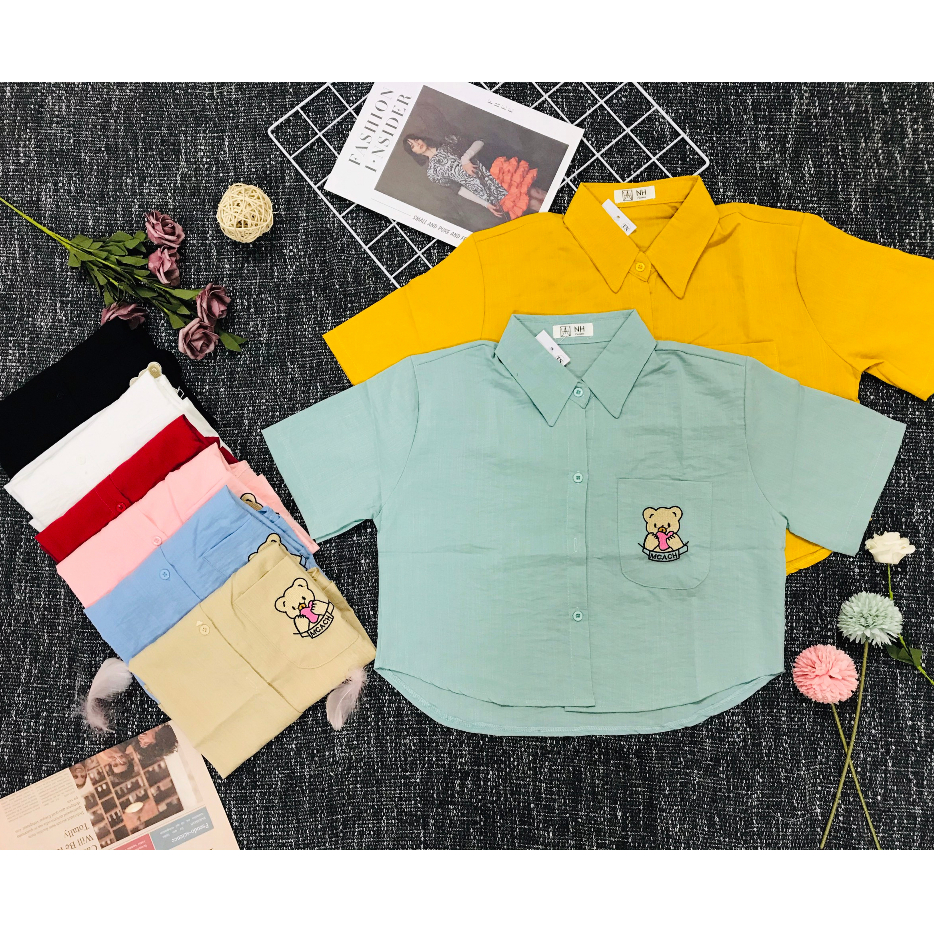 Áo Sơ Mi Nữ 1 Túi Thêu Gấu , Áo Tay Ngắn Phong Cách Croptop " nhắn tin shop lựa màu nha chị"