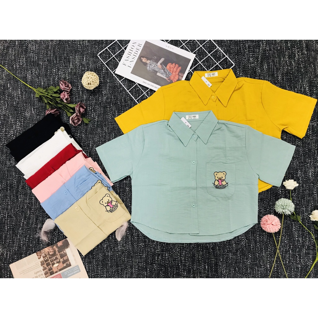 Áo Sơ Mi Nữ 1 Túi Thêu Gấu , Áo Tay Ngắn Phong Cách Croptop " nhắn tin shop lựa màu nha chị"