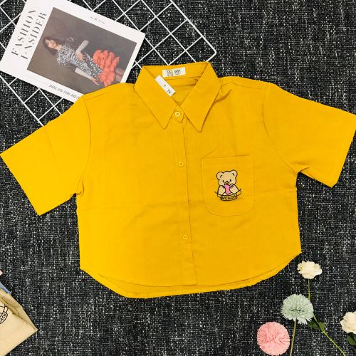 Áo Sơ Mi Nữ 1 Túi Thêu Gấu , Áo Tay Ngắn Phong Cách Croptop " nhắn tin shop lựa màu nha chị"