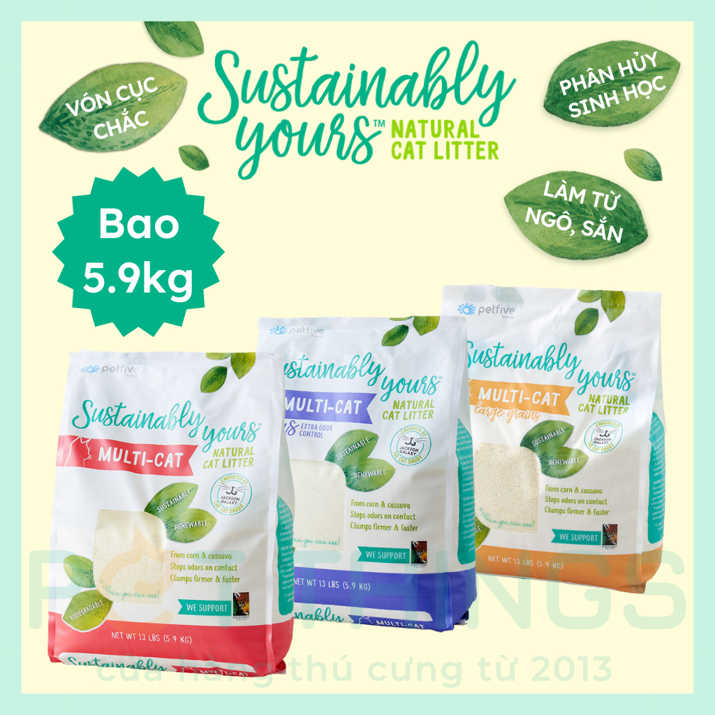 Cát Vệ Sinh Hữu Cơ Vón Cục Petfive Sustainably Yours Multi-Cat 5.9kg nhập Mỹ từ ngô bắp &amp; sắn