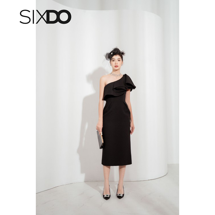 Đầm midi lệch vai dáng bút chì 2 màu xanh, đen thời trang SIXDO (Black One-shoulder Midi Raw Dress)