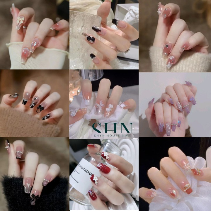 Móng tay giả đính đá, đính nơ, đính hoa, Móng tay giả dáng dài, Nail xinh, Nail box, shyn house nail