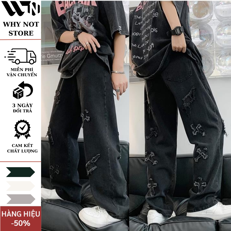 Quần jean nam thêu chữ thập WHY NOT ống suông rộng, Quần kaki túi hộp Cargo Pants chất vải dày dặn hottrend 2023