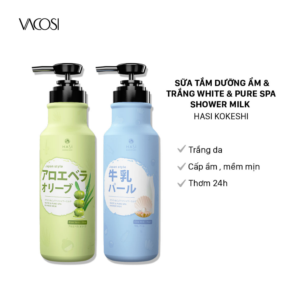 Sữa tắm dưỡng ẩm và trắng da HASI White & Pure Spa Shower Milk 600ml & 950ml