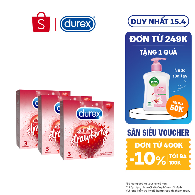 Bộ 3 hộp bao cao su Durex Sensual Strawberry hương dâu (size 52mm, 3 bao/hộp)