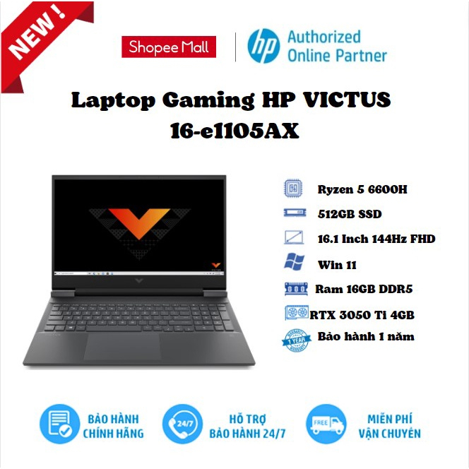 [Mã ELHP1010 giảm 15% đơn 18TR] Laptop Gaming HP VICTUS 16-(e1106AX)(e1105AX) /Ryzen 5 6600H, RTX 3050 4GB, Ram 8GB DDR5