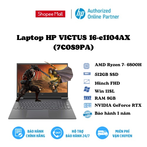 Laptop HP VICTUS 16-e1104AX (7C0S9PA)/ Đen/ AMD Ryzen 7- 6800H (upto 4.7Ghz, 16MB)/ RAM 8GB/ 512GB SSD