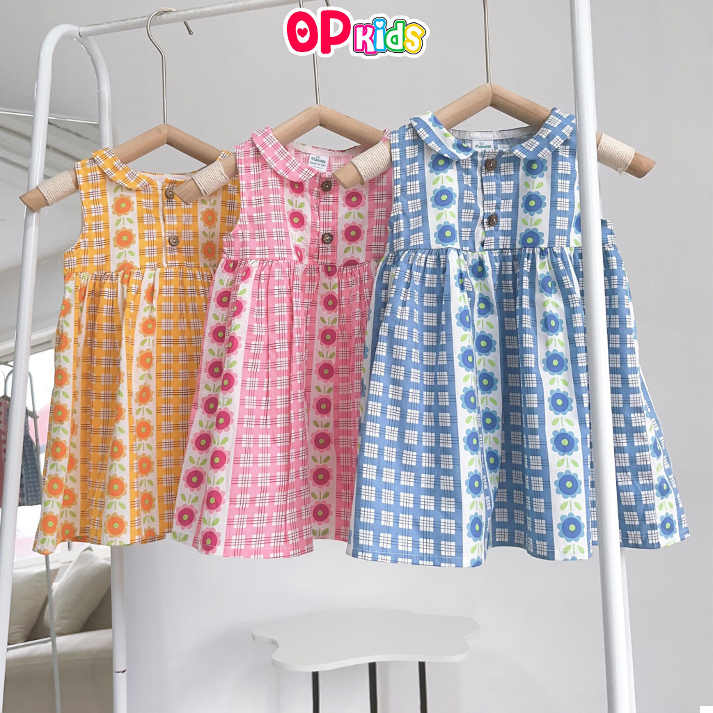 Váy bé gái mùa hè OP KIDS 1073 ( 8 - 26kg), chất thô hàn dáng xòe, đầm bé gái sát nách bộ sưu tập thời trang bé gái 2023