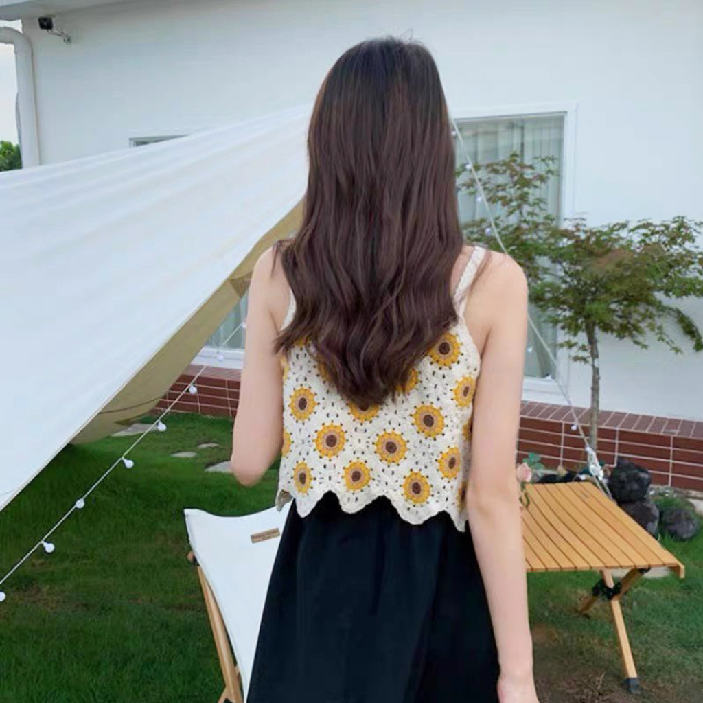 Áo len nữ, Áo len 2 dây dệt kim thêu hoa cúc mặc đi biển style Ulzzang