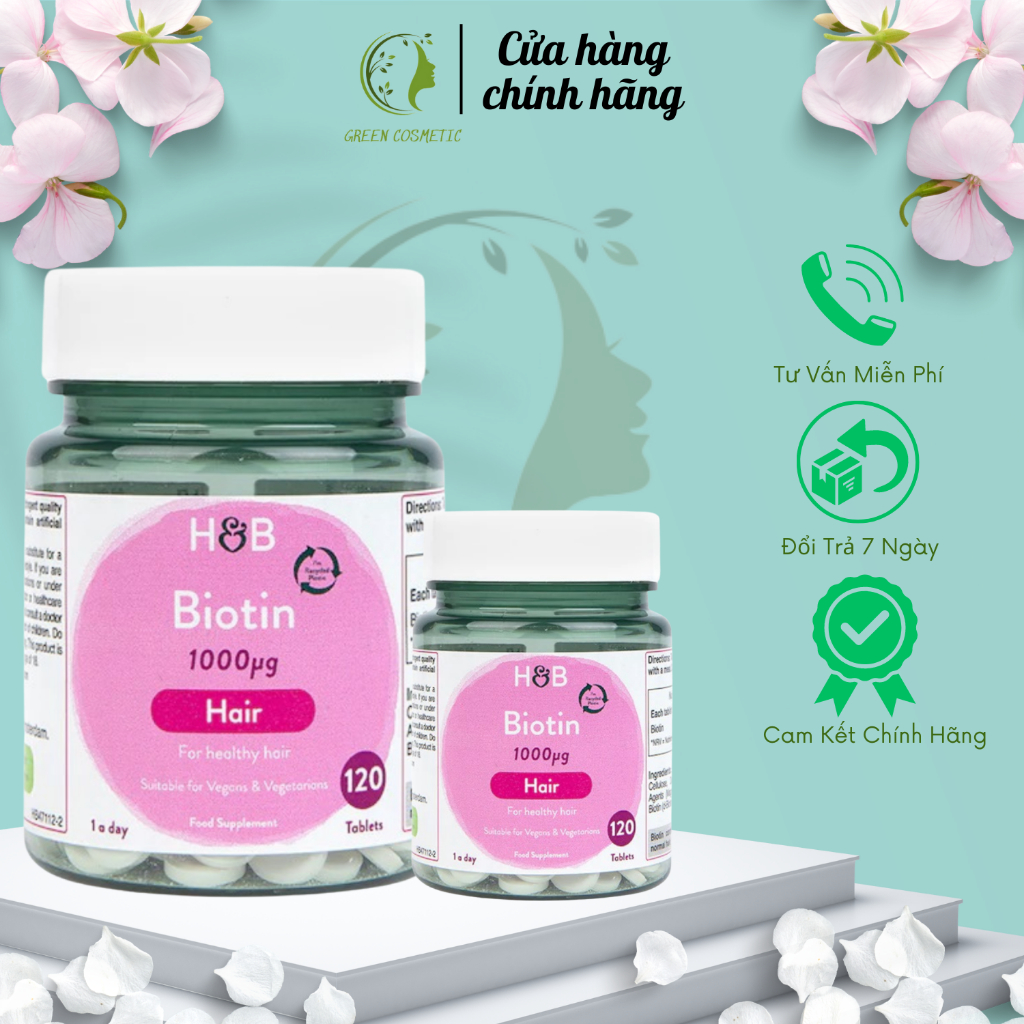Viên uống Biotin Holland Barett hỗ trợ mọc tóc 120v- Dưỡng tóc dày và dài Châu Âu Green Cosmetic