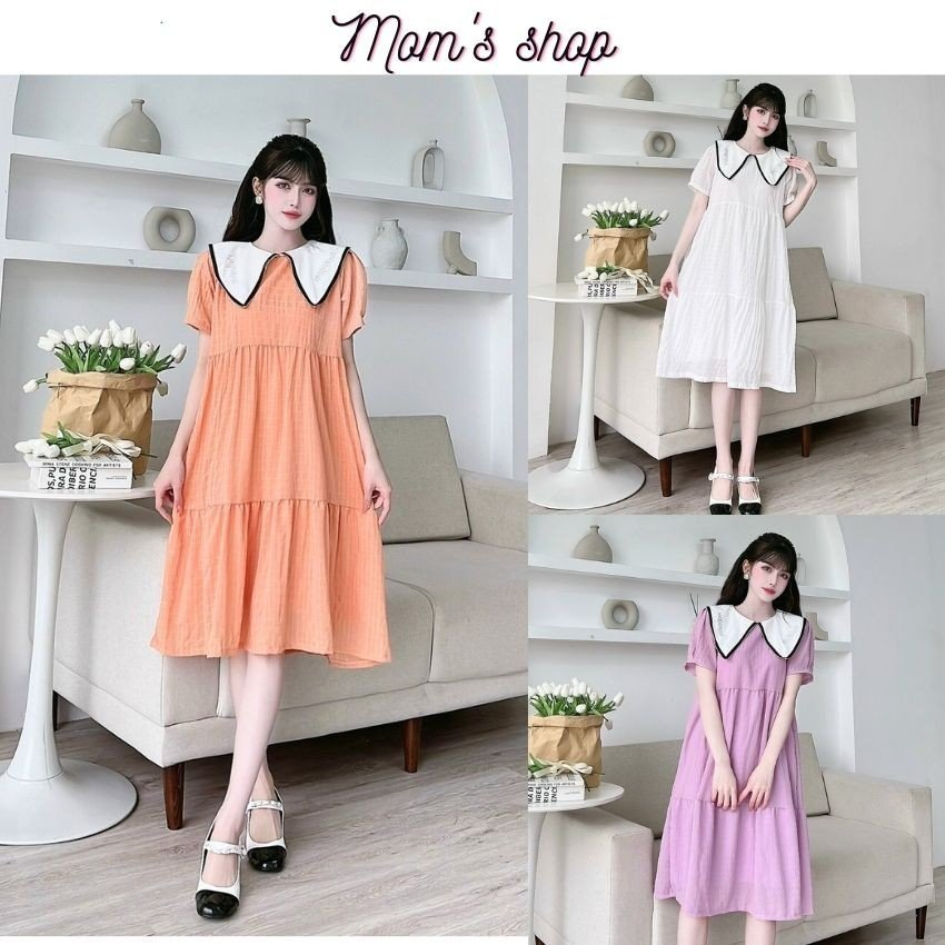 Váy bầu nữ cổ bèo chất đũi nhăn mềm mát - Mom's Shop - Đầm bầu cao cấp đi làm, đi chơi hay mặc nhà cực xinh - ẢNH THẬT