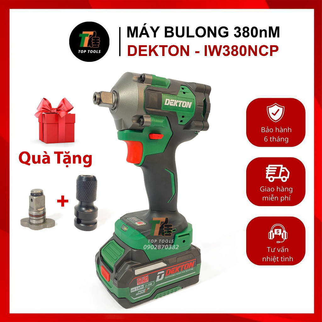 Máy bắn bulong, Máy siết bulong Dekton – IW380NCP, Chân Pin M21 phổ thông, Lực siết 380nM, mẫu mới nhỏ gọn