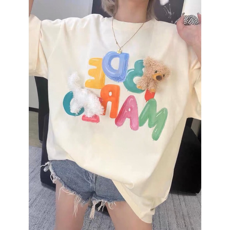 Áo cộc tay phom rộng IN CHỮ 13DE MARZO ,áo unisex CÀI GẤU DỄ THƯƠNG
