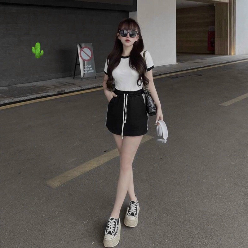 Set áo và chân váy thun viền thể thao năng động ôm body phong cách Hàn Quốc