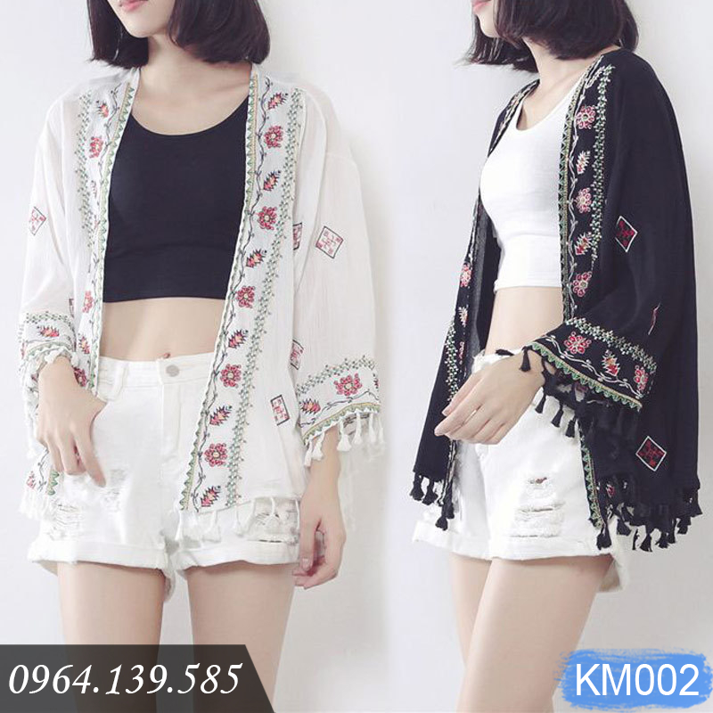 Áo khoác kimono nữ đi biển, du lịch, chất voan mềm viền thổ cẩm mix họa tiết hoa xinh xắn, thoáng mát thoải mái | KM002