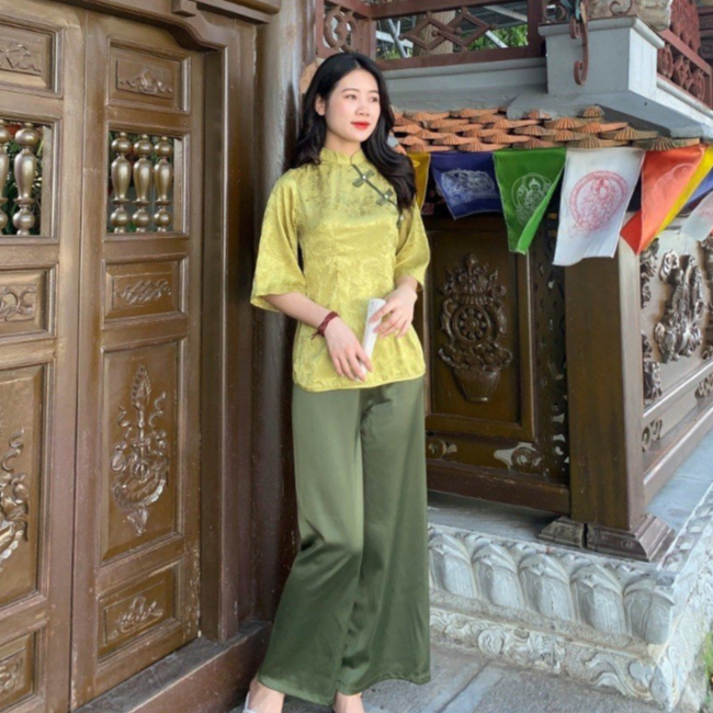 Set áo tay lỡ cổ tàu phối quần lụa ống suông rộng dài thời trang pháp phục cách tân thiết kế đi lễ đi chùa LEVAN