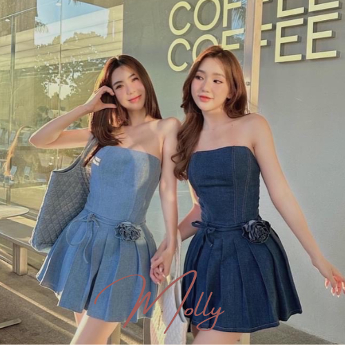 Đầm nữ đầm dự tiệc vải jean dày Molly dạng ống cúp ngực hoa hồng kèm dây đai, có ảnh thật