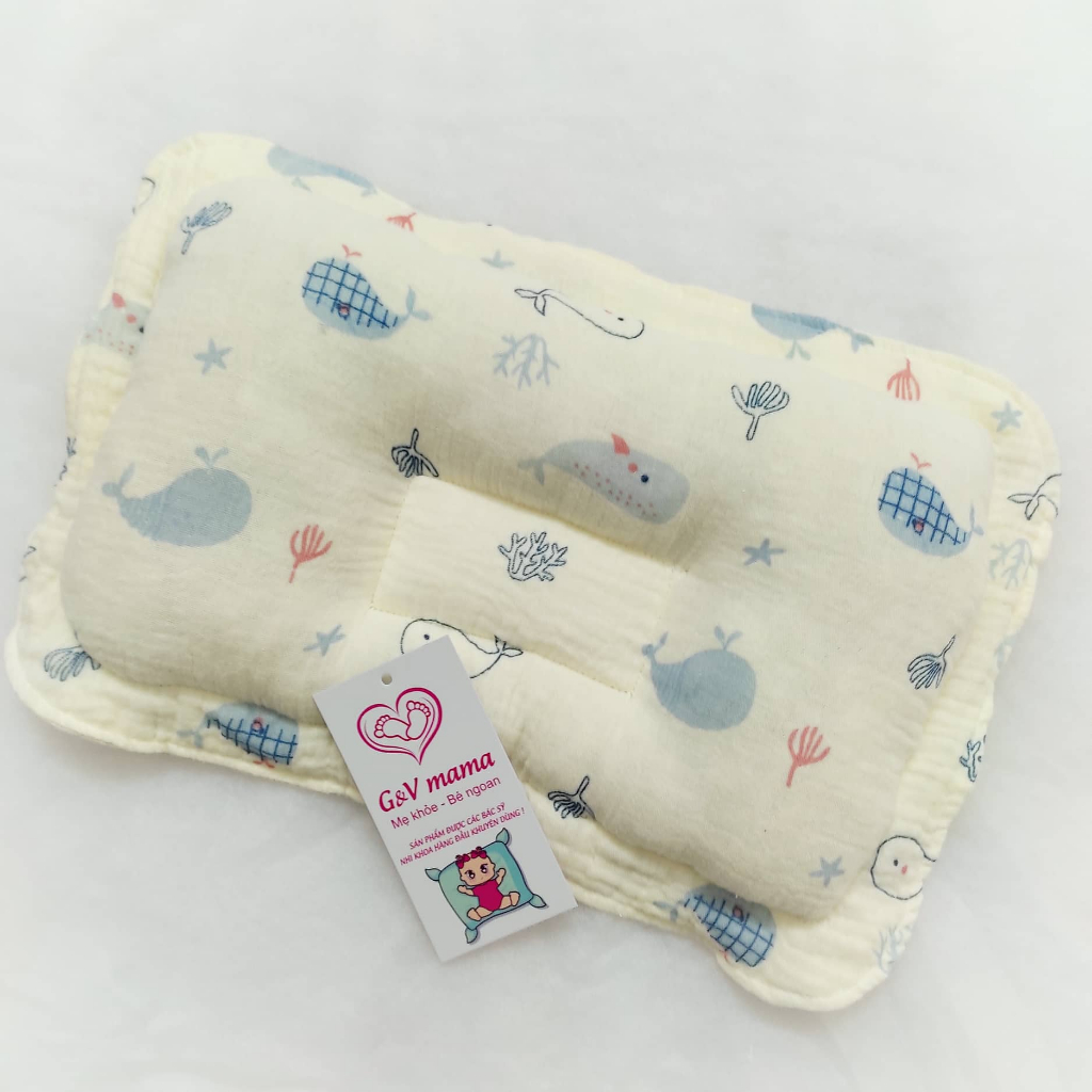 Gối nằm xô muslin organic chống bẹp méo đầu cho bé sơ sinh, gối lõm xô muslin cho bé phong cách Hàn Quốc