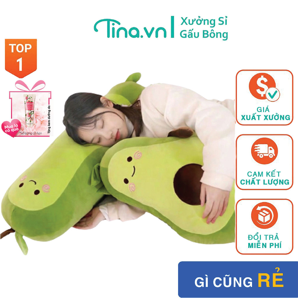 Gấu bông gối ôm Tina Quả bơ đáng yêu bông cao cấp, vỏ nhung Hàn Quốc mềm mịn, co dãn 4 chiều, size 35cm - 95cm