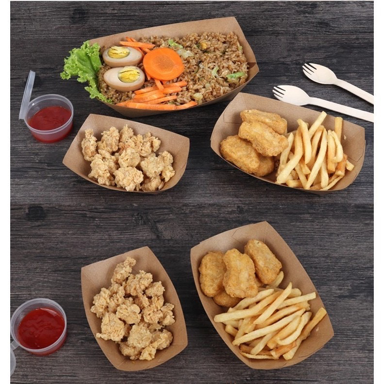 (100 cái) Khay giấy xuồng, khay giấy kraft nâu hàng DÀY ĐẸP đủ size đựng thức ăn nhanh, khoai tây, cá viên chiên, ...