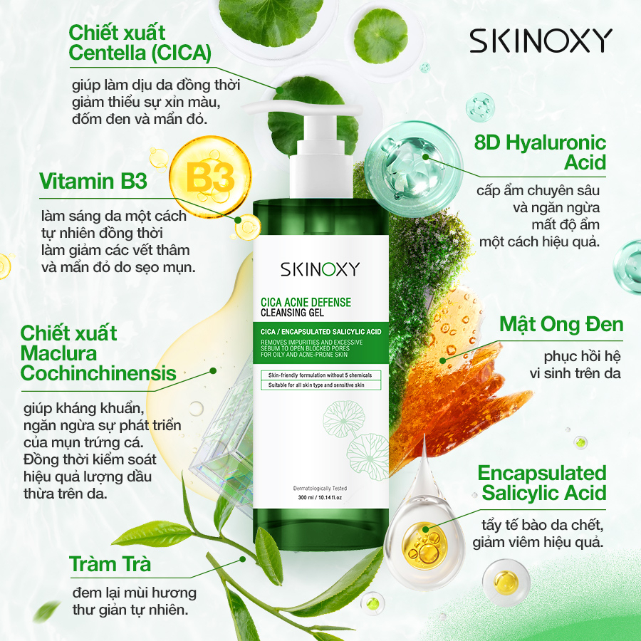 Combo Gel rửa mặt Skinoxy Cica Acne Defense Cleansing Gel 300ml + Tinh chất giúp làm dịu da chiết xuất rau má 30ml