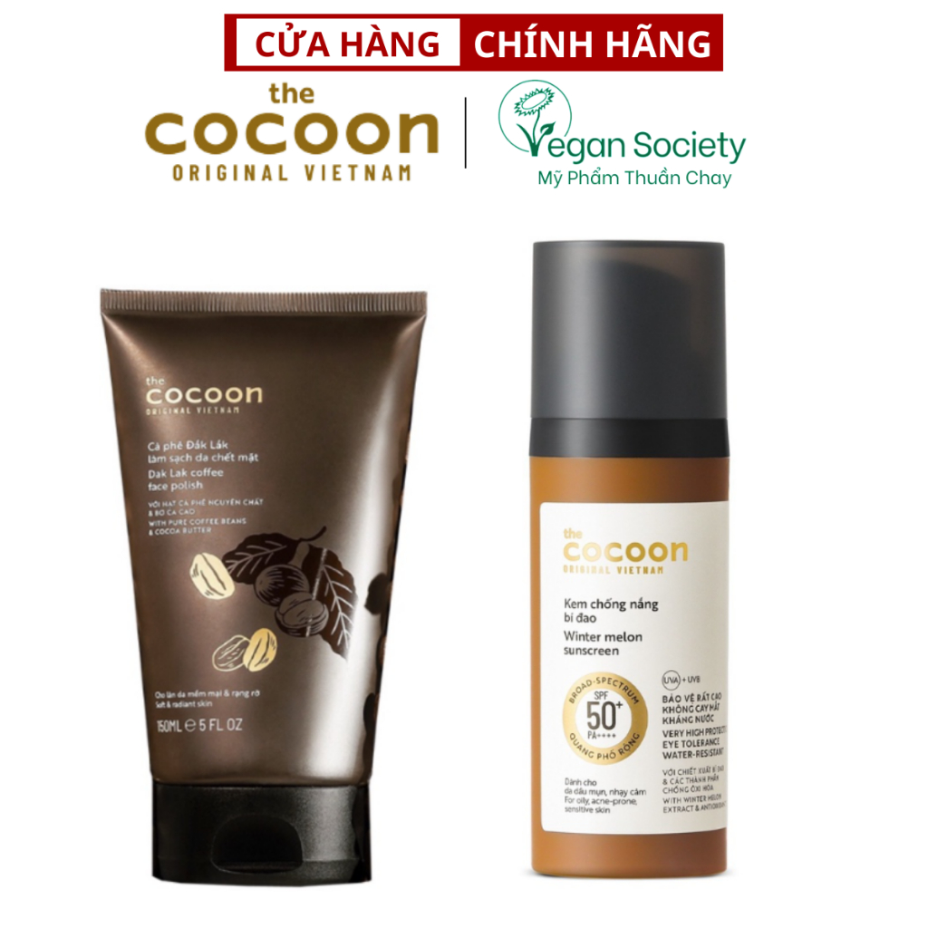 Combo Tẩy da chết mặt cà phê Đắk Lắk Cocoon 150ml + Kem chống nắng bí đao Cocoon quang phổ rộng 50ml