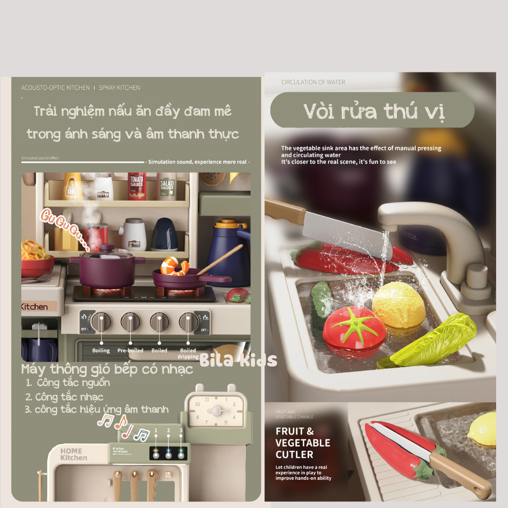 Đồ chơi nấu ăn cho bé cỡ lớn 93CM, mô phỏng nấu bếp thật có vòi nước, khói, Đồ chơi trẻ em BILA KIDS