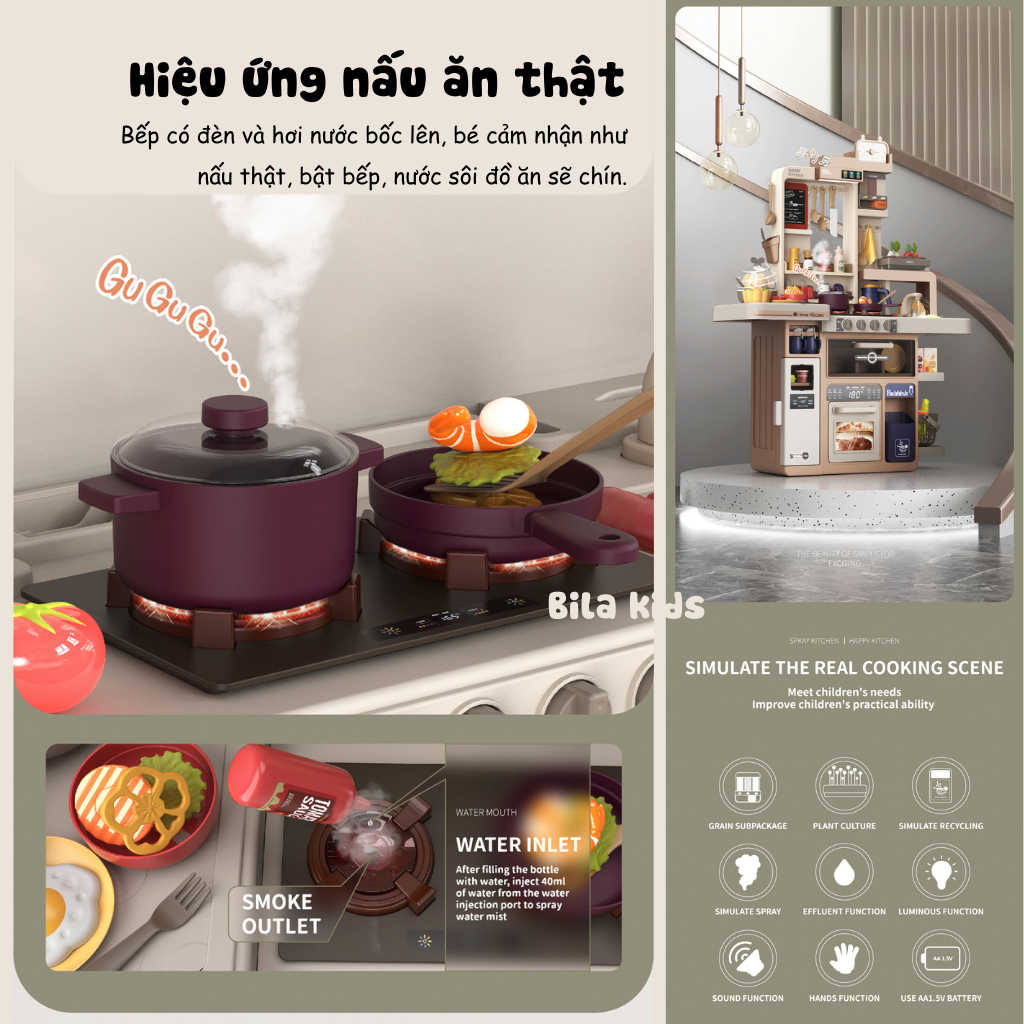 Đồ chơi nấu ăn cho bé cỡ lớn 93CM, mô phỏng nấu bếp thật có vòi nước, khói, Đồ chơi trẻ em BILA KIDS