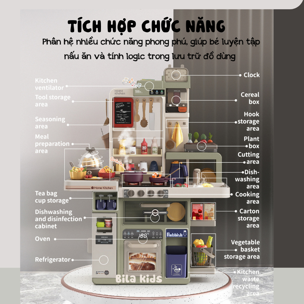 Đồ chơi nấu ăn cho bé cỡ lớn 93CM, mô phỏng nấu bếp thật có vòi nước, khói, Đồ chơi trẻ em BILA KIDS