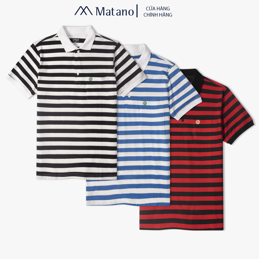 Áo Thun Polo Nam Đẹp MATANO PO038 thêu lá, có cổ trụ, ngắn tay, form suông, vải cotton mềm mịn phối sọc ngang bắt mắt