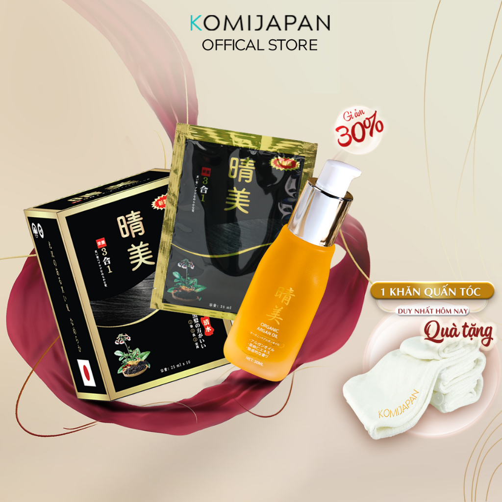 Combo dầu gội nhuộm phủ bạc hộp 250ml, và tinh dầu dưỡng tóc KOMI JAPAN chính hãng